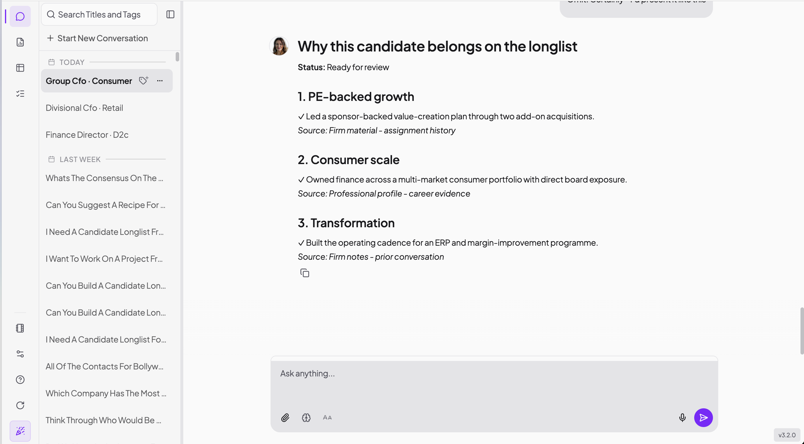 Kaiya explaining why a finance candidate belongs on a longlist, with supporting evidence from firm material, professional profiles and prior firm notes.